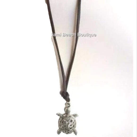 Surfer Sea Turtle Necklace Silver Tone Filigree Nautical Plated Brown Cord 24" - Picture 4 of 7